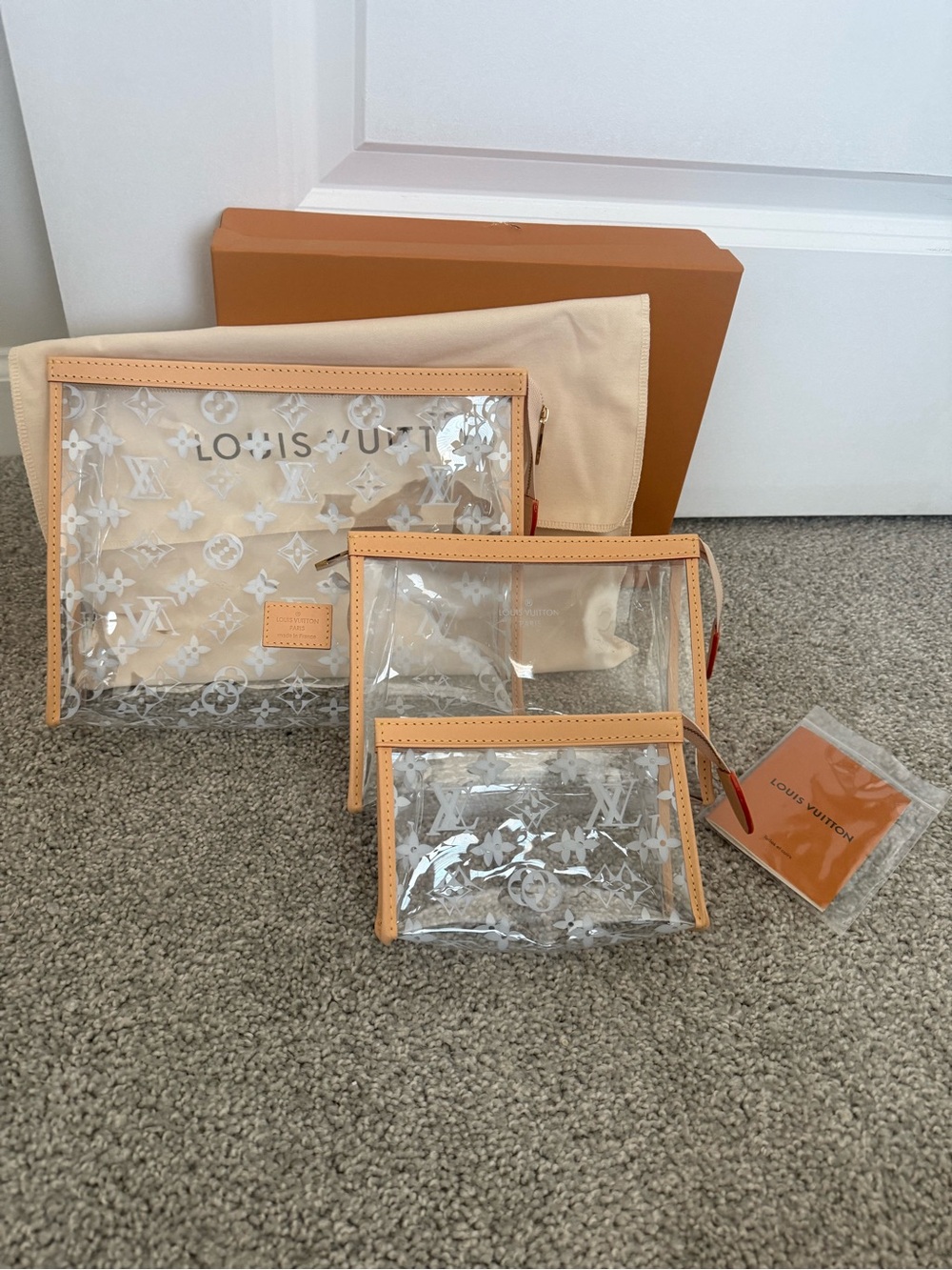 Louis Vuitton Clear Monogram Toiletry Pouch Set with Natural Leather Trim